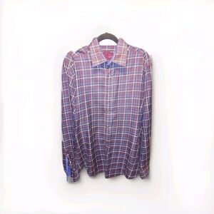 Bugatchi Dress Shirt Men Shaped Fit Houndstooth‎ Plaid Tattersall Button Up Blue